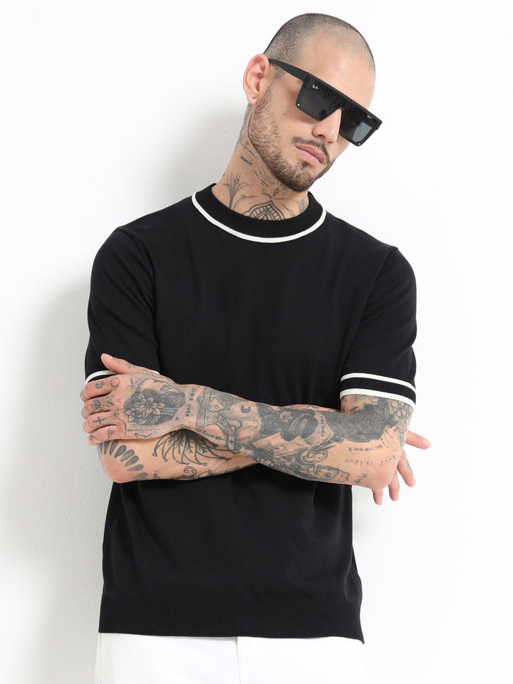 Fine-Knit T-Shirt with Contrast Stripe Trim - Black