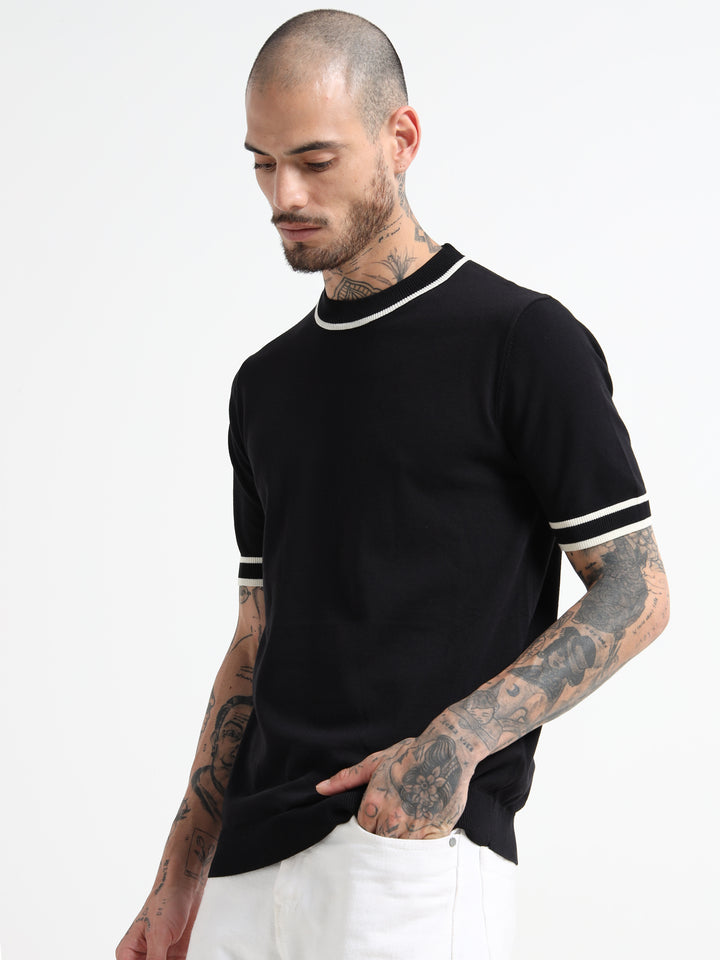 Fine-Knit T-Shirt with Contrast Stripe Trim - Black