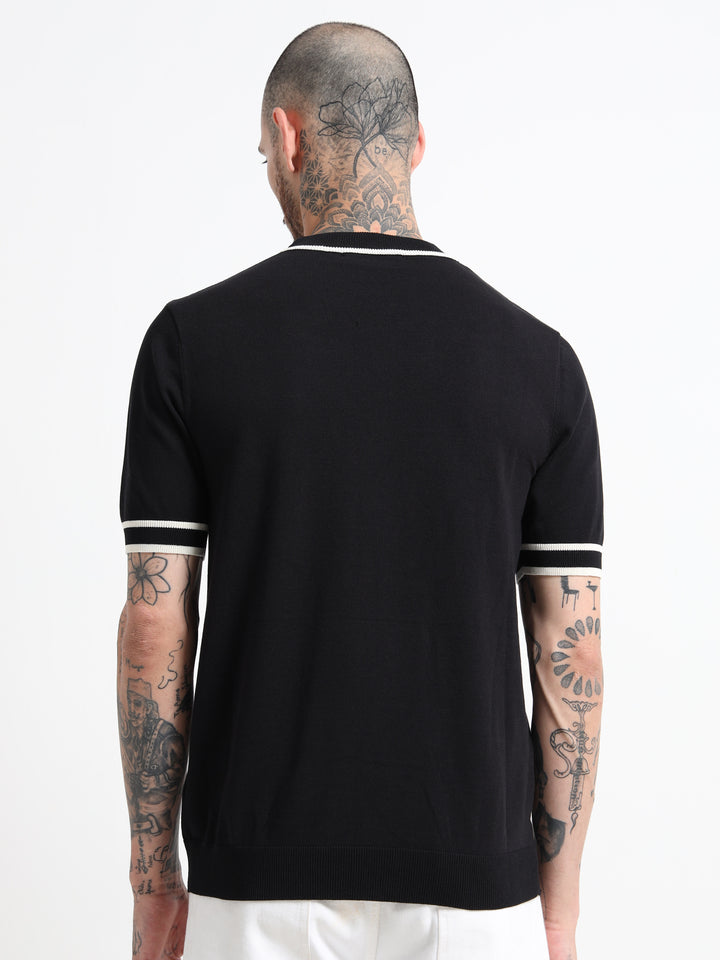 Fine-Knit T-Shirt with Contrast Stripe Trim - Black