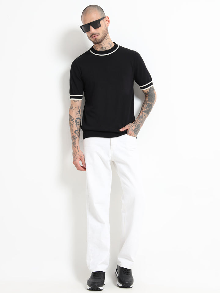 Fine-Knit T-Shirt with Contrast Stripe Trim - Black