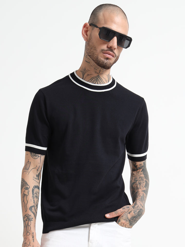 Ribbed Trim Knit T-Shirt with Contrast Stripes - Blue & White