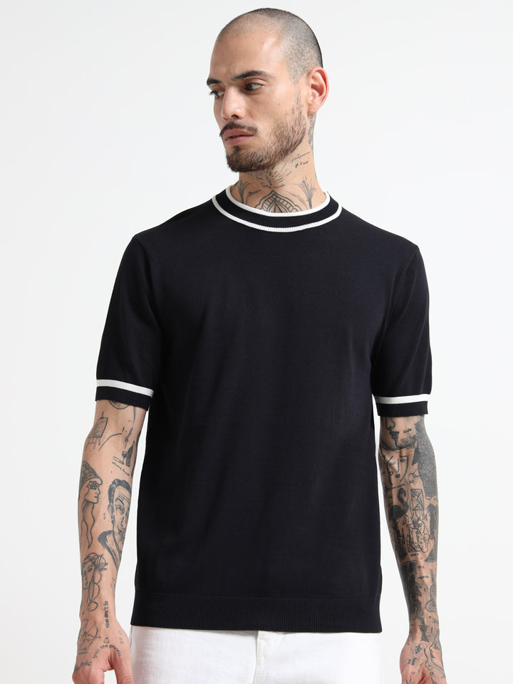 Ribbed Trim Knit T-Shirt with Contrast Stripes - Blue & White