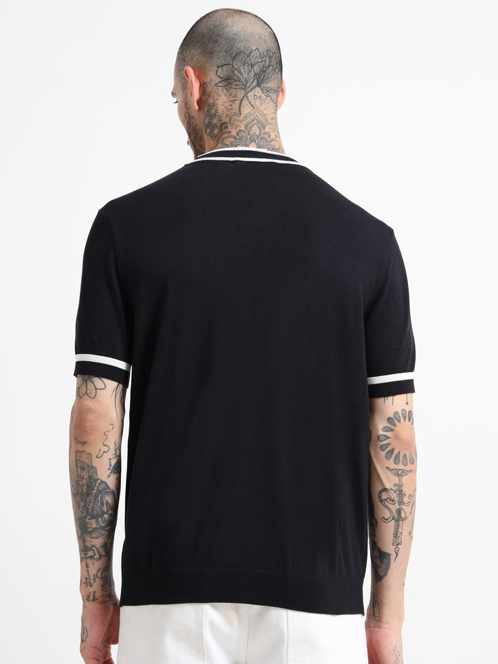 Ribbed Trim Knit T-Shirt with Contrast Stripes - Blue & White