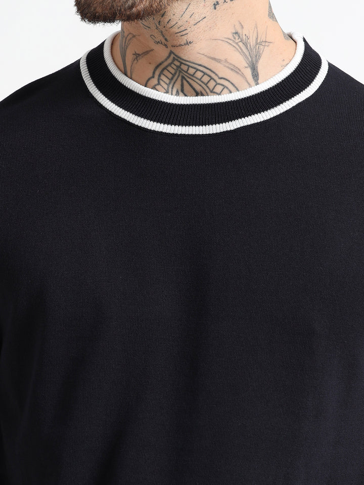 Ribbed Trim Knit T-Shirt with Contrast Stripes - Blue & White