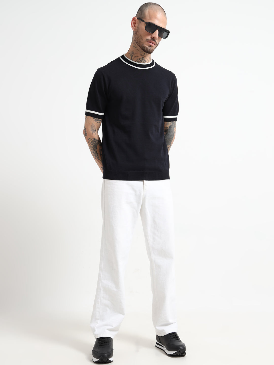 Ribbed Trim Knit T-Shirt with Contrast Stripes - Blue & White