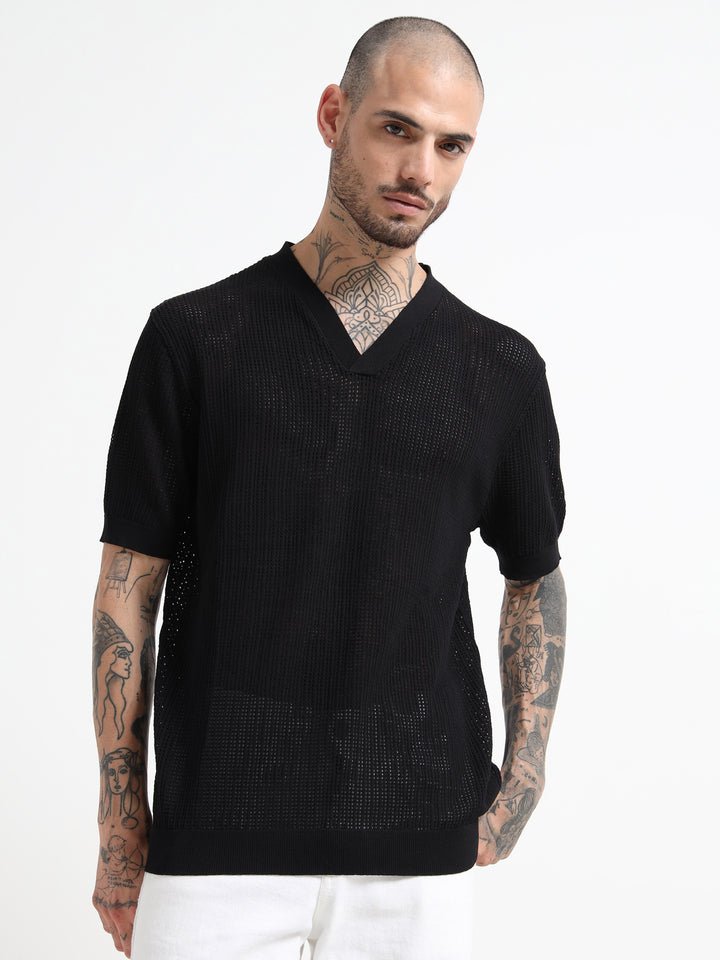 Textured V-Neck Pointelle Knit T-Shirt - Black