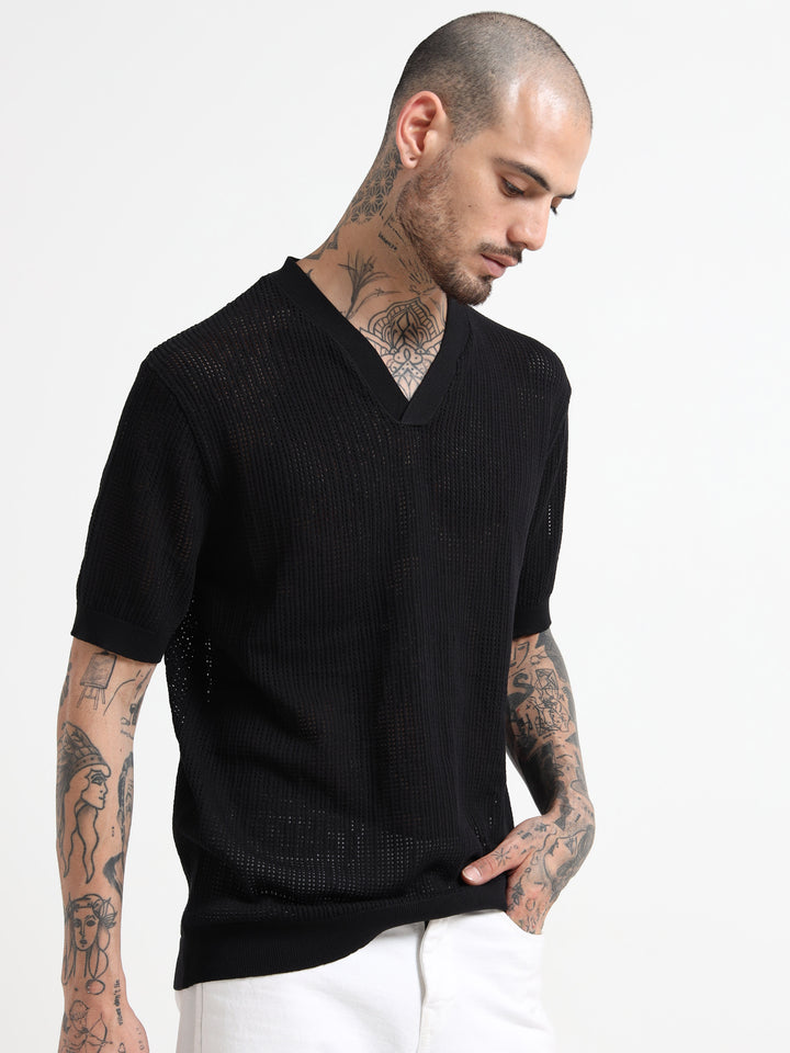 Textured V-Neck Pointelle Knit T-Shirt - Black