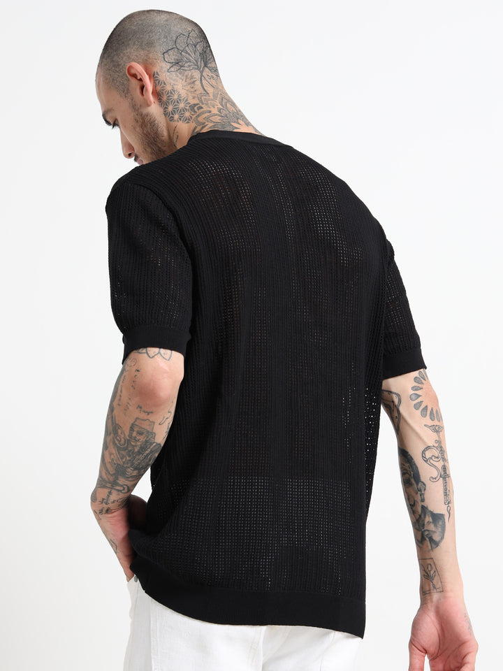 Textured V-Neck Pointelle Knit T-Shirt - Black