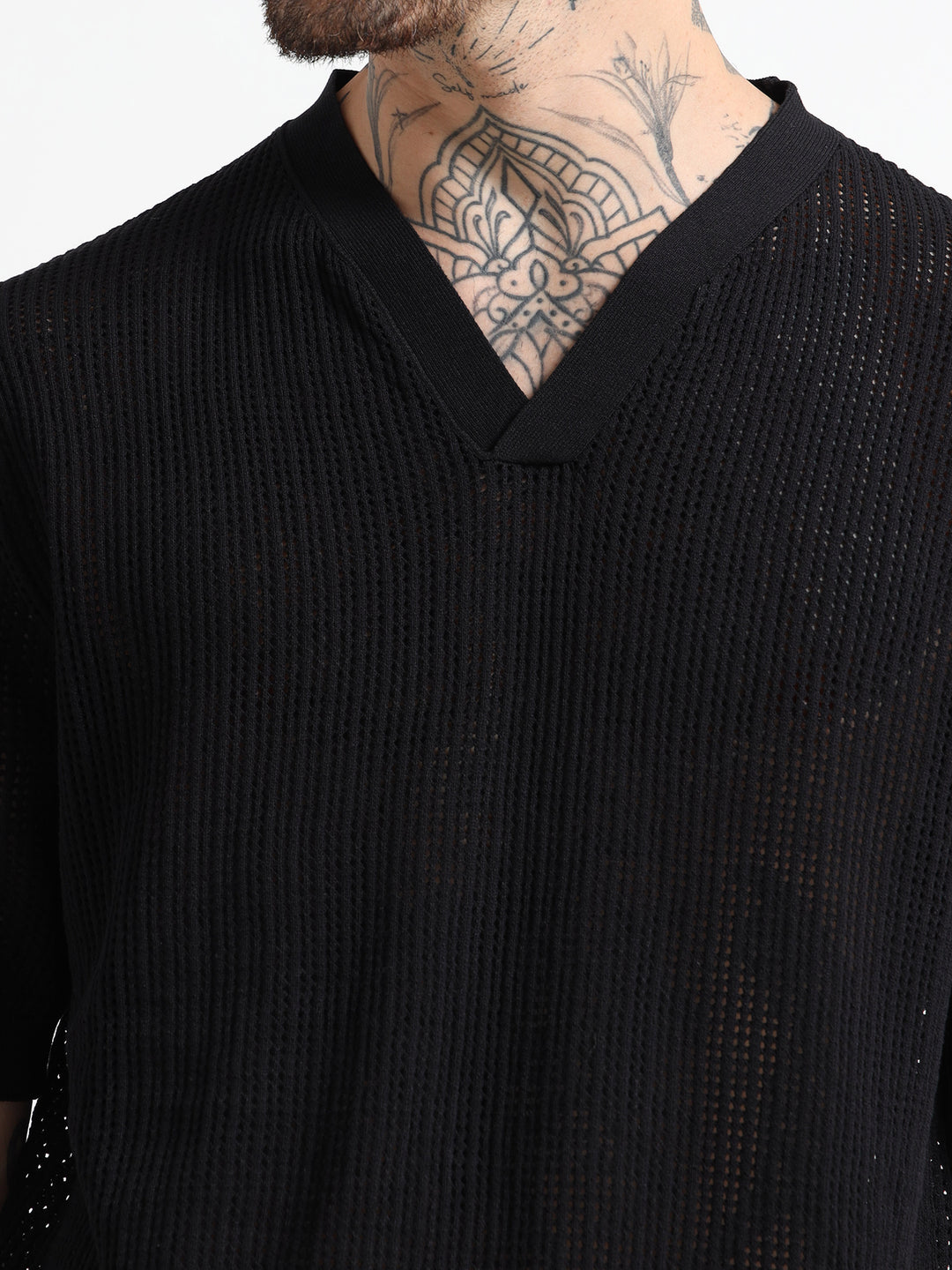 Textured V-Neck Pointelle Knit T-Shirt - Black