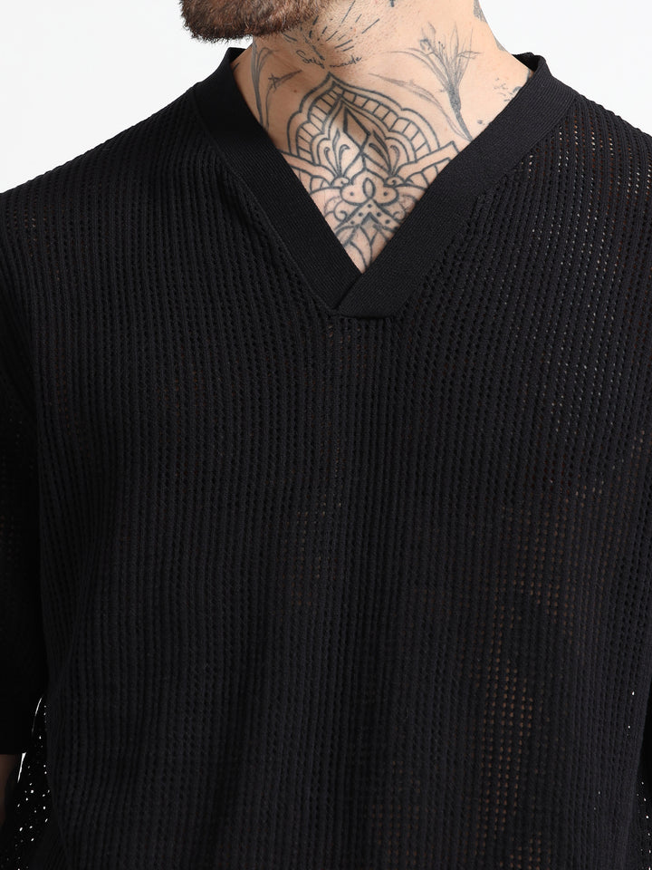 Textured V-Neck Pointelle Knit T-Shirt - Black