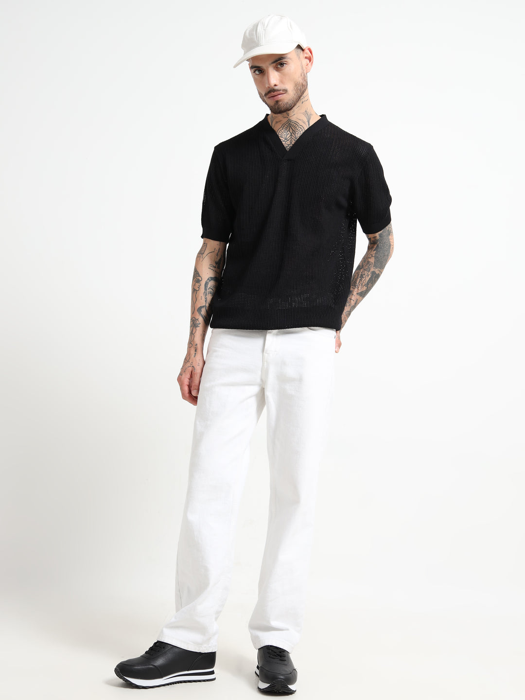 Textured V-Neck Pointelle Knit T-Shirt - Black