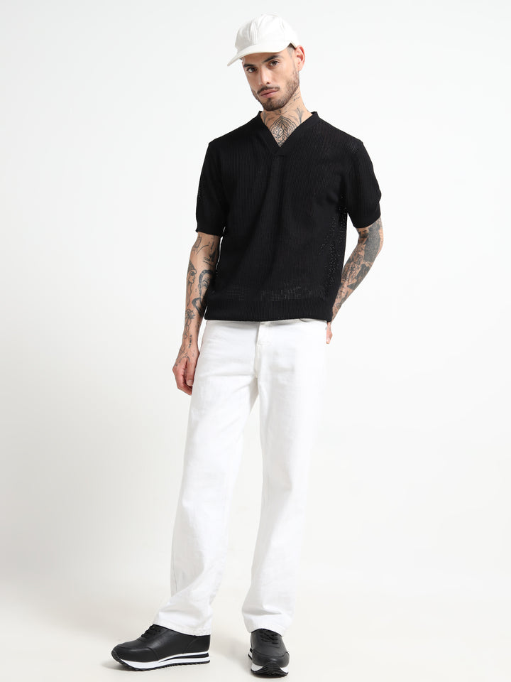 Textured V-Neck Pointelle Knit T-Shirt - Black