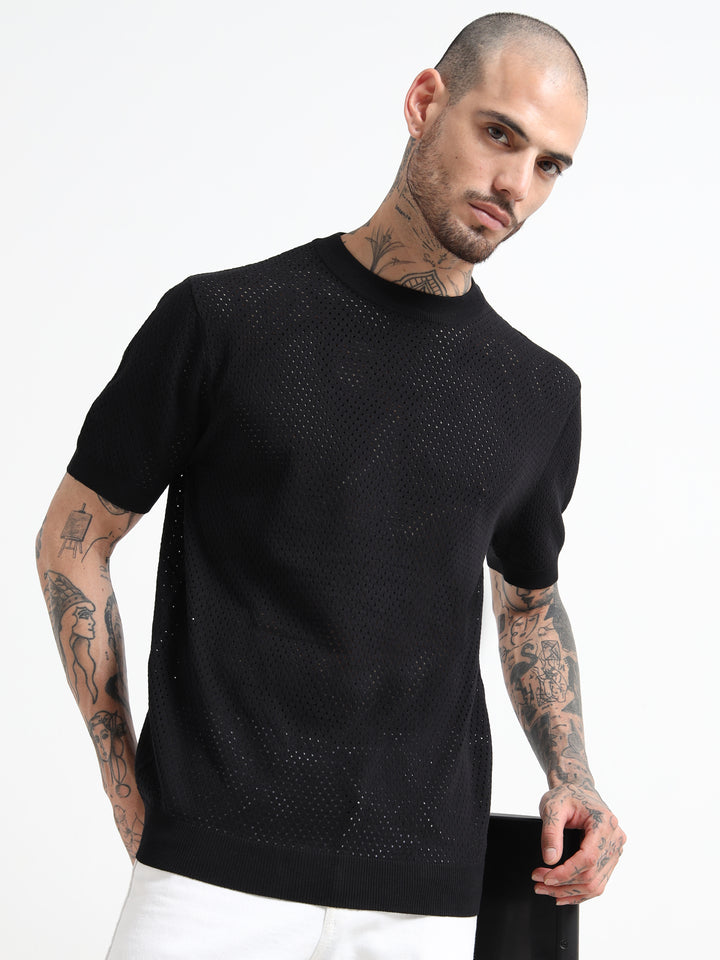 Textured Pointelle Knit T-Shirt - Black