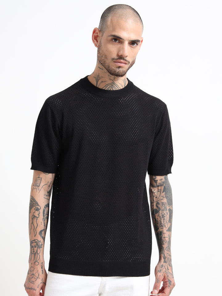 Textured Pointelle Knit T-Shirt - Black