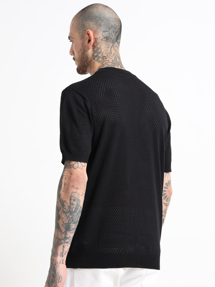 Textured Pointelle Knit T-Shirt - Black