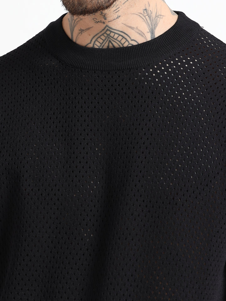 Textured Pointelle Knit T-Shirt - Black
