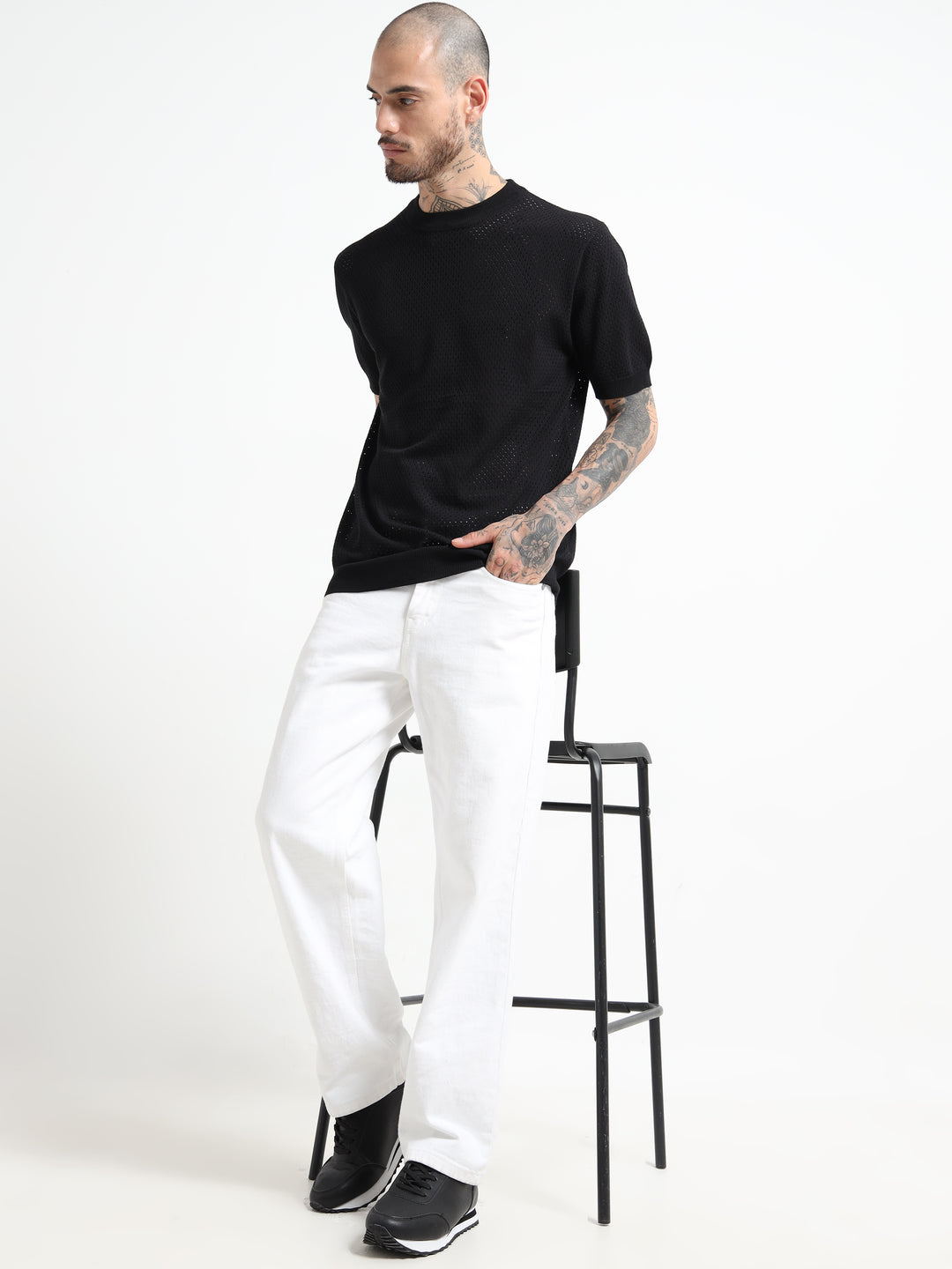 Textured Pointelle Knit T-Shirt - Black