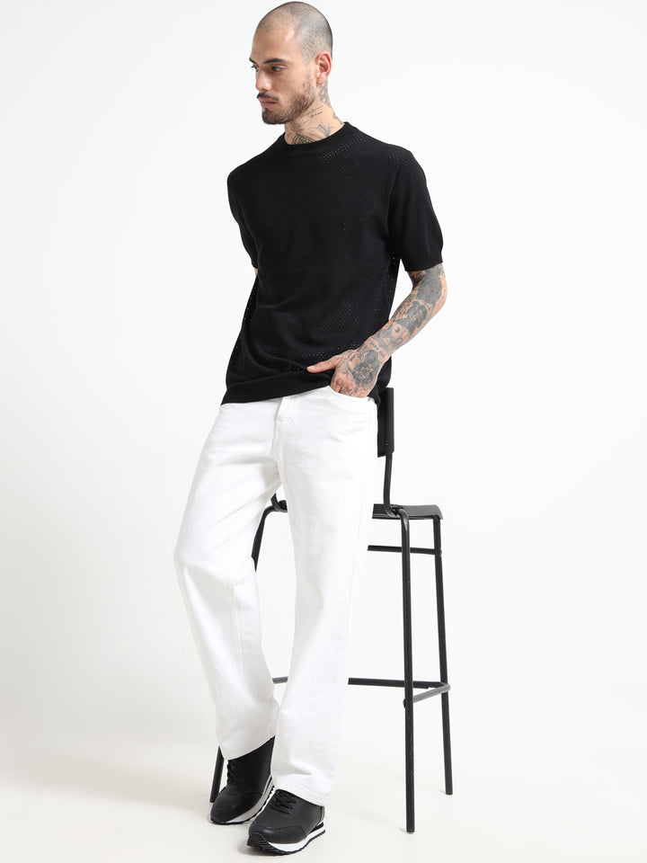Textured Pointelle Knit T-Shirt - Black