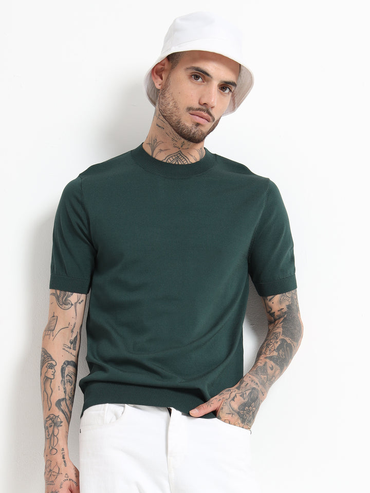 Fine-Knit Crewneck T-Shirt - Green
