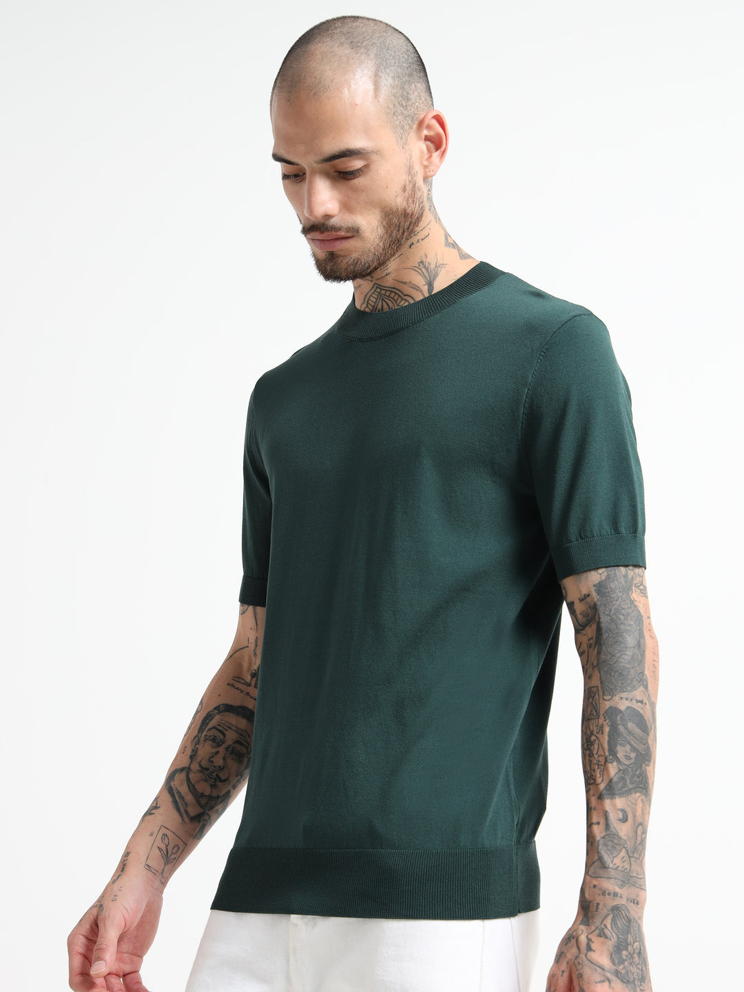 Fine-Knit Crewneck T-Shirt - Green
