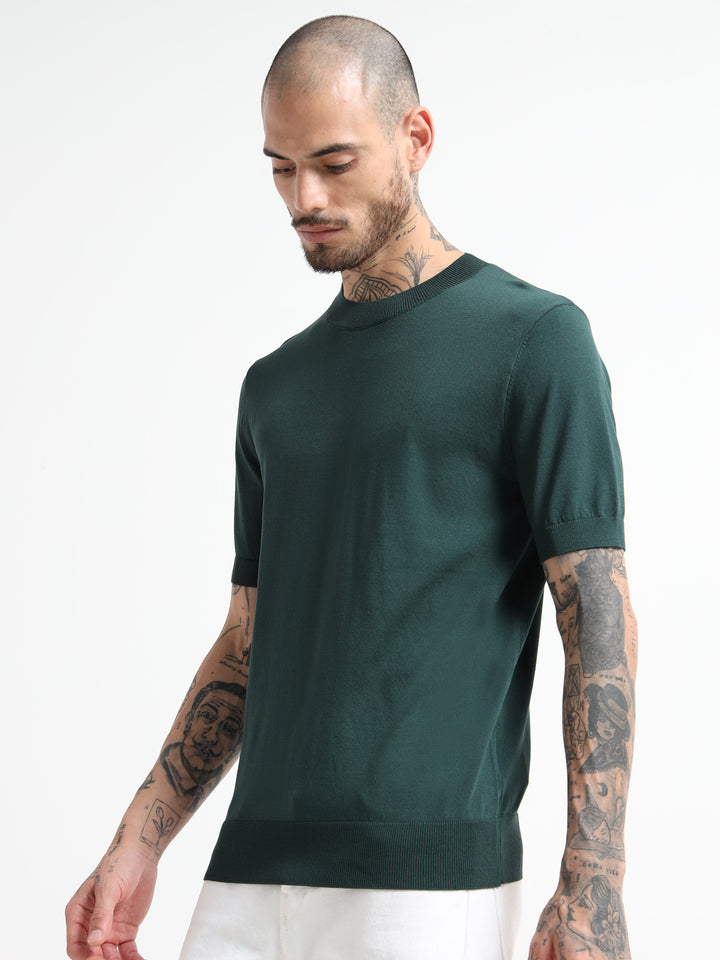 Fine-Knit Crewneck T-Shirt - Green