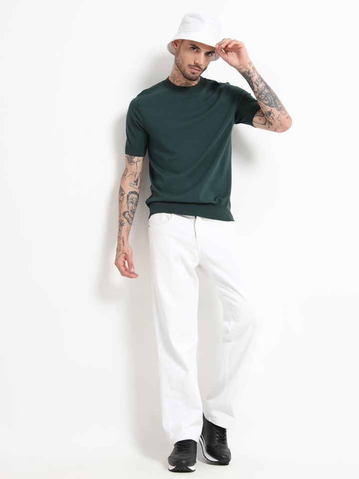 Fine-Knit Crewneck T-Shirt - Green