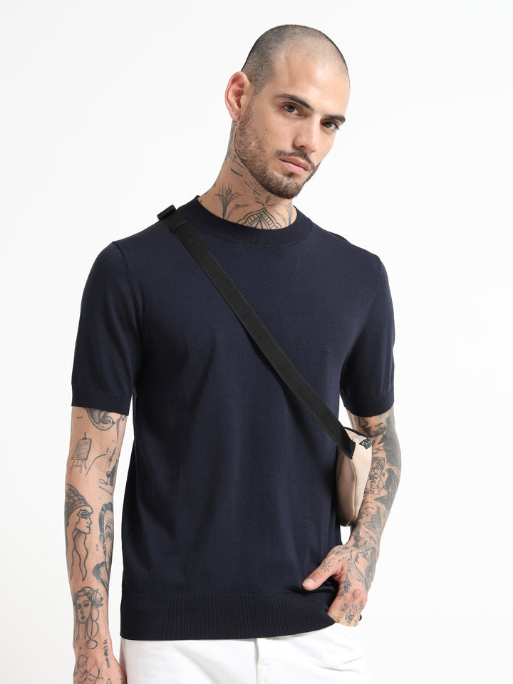 Fine-Knit Crewneck T-Shirt - Navy Blue