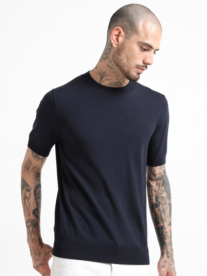 Fine-Knit Crewneck T-Shirt - Navy Blue