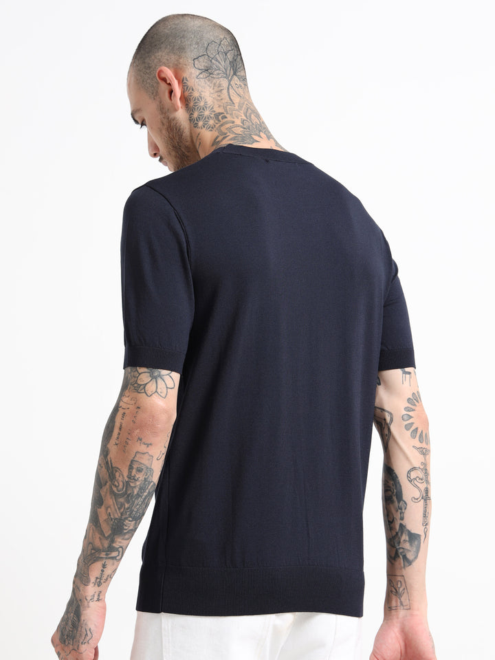 Fine-Knit Crewneck T-Shirt - Navy Blue