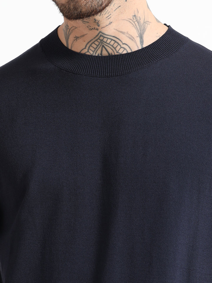 Fine-Knit Crewneck T-Shirt - Navy Blue