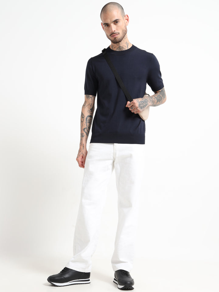 Fine-Knit Crewneck T-Shirt - Navy Blue