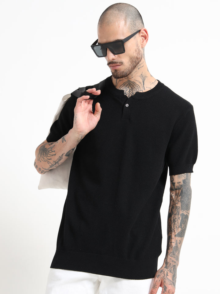 Men's Fine-Knit Henley Sweater T-Shirt - Black