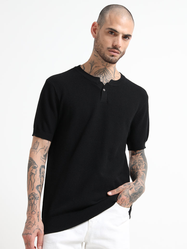 Men's Fine-Knit Henley Sweater T-Shirt - Black