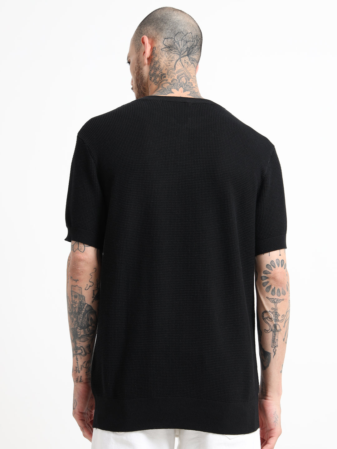 Men's Fine-Knit Henley Sweater T-Shirt - Black