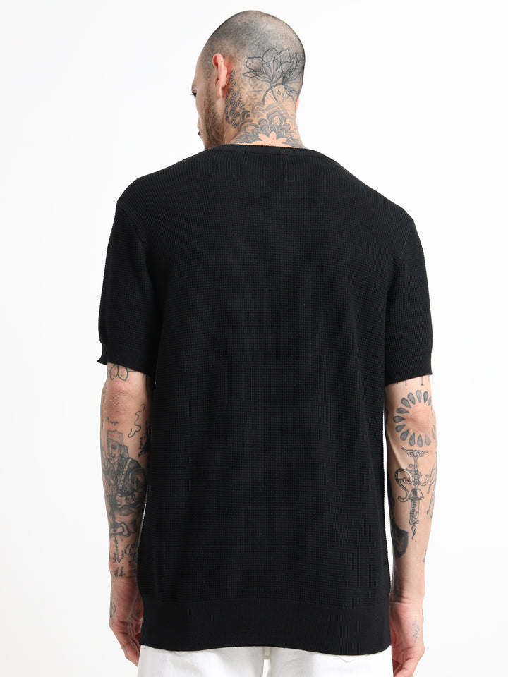 Men's Fine-Knit Henley Sweater T-Shirt - Black