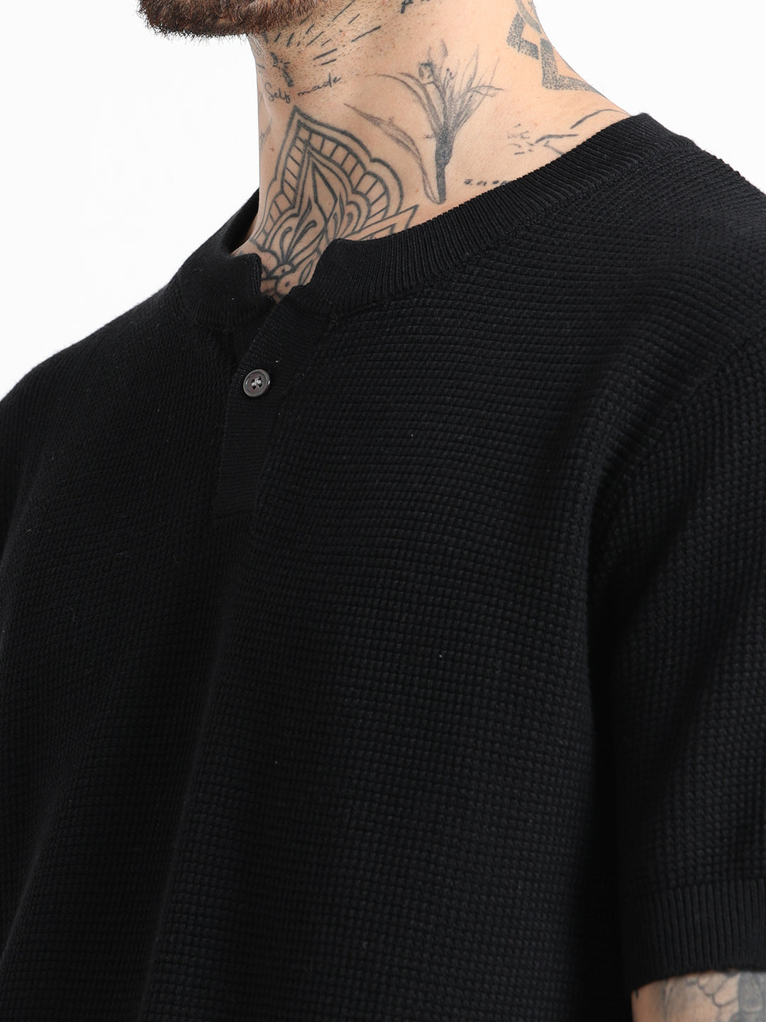 Men's Fine-Knit Henley Sweater T-Shirt - Black