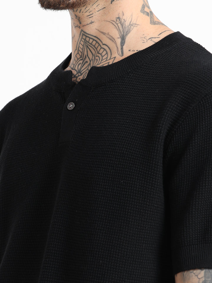 Men's Fine-Knit Henley Sweater T-Shirt - Black