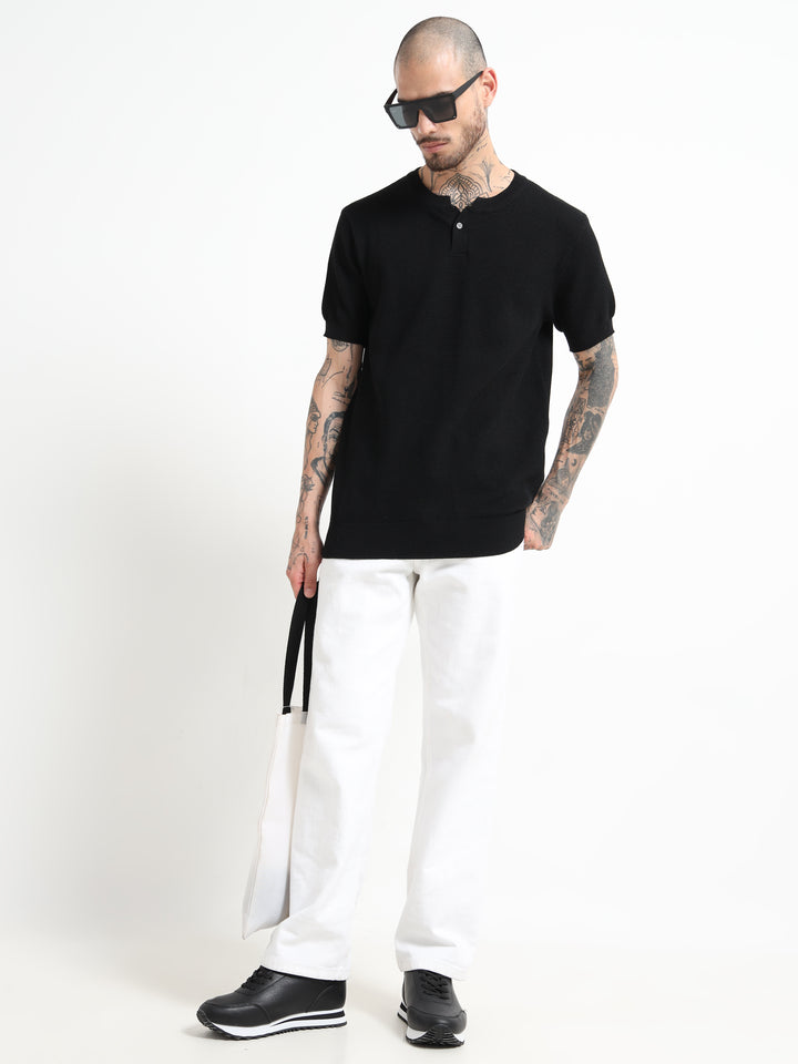 Men's Fine-Knit Henley Sweater T-Shirt - Black