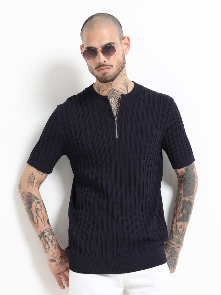 Men's Cable Knit Zip T-Shirt - Royal Blue