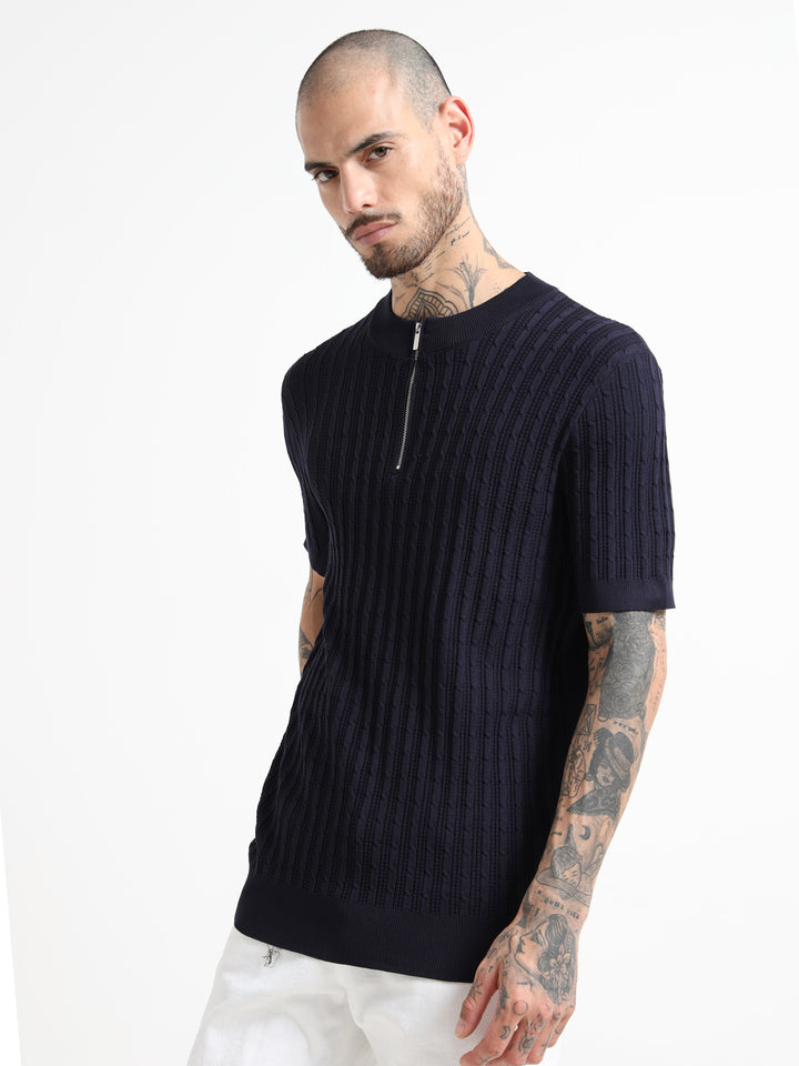 Men's Cable Knit Zip T-Shirt - Royal Blue