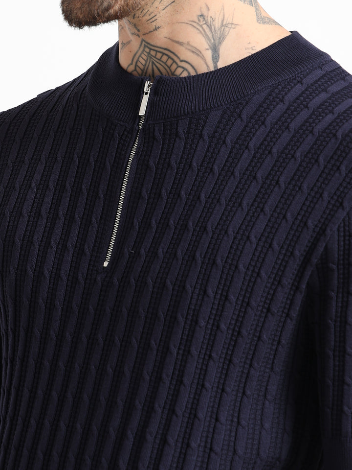 Men's Cable Knit Zip T-Shirt - Royal Blue