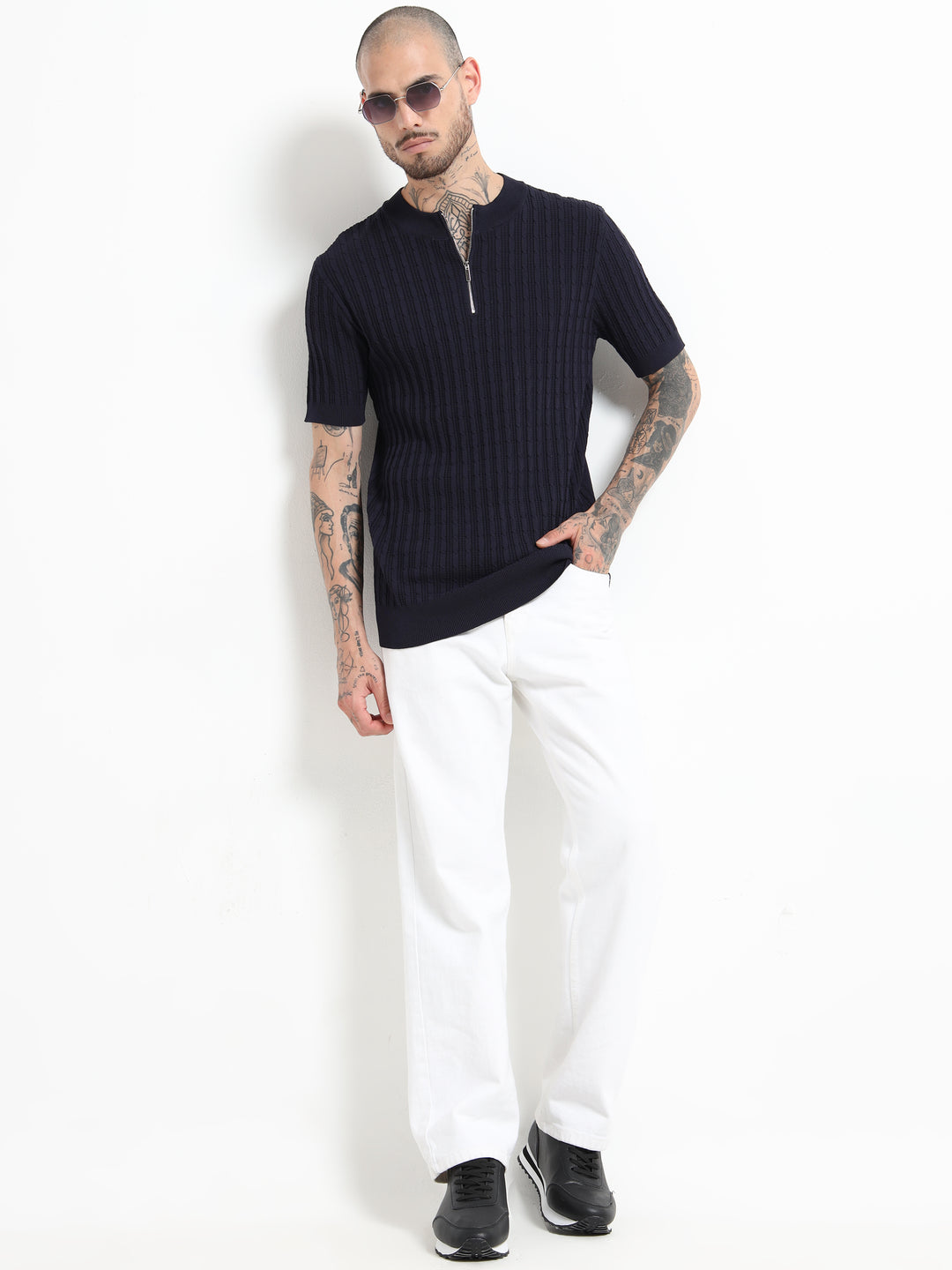 Men's Cable Knit Zip T-Shirt - Royal Blue