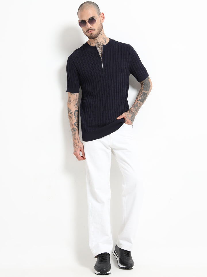 Men's Cable Knit Zip T-Shirt - Royal Blue