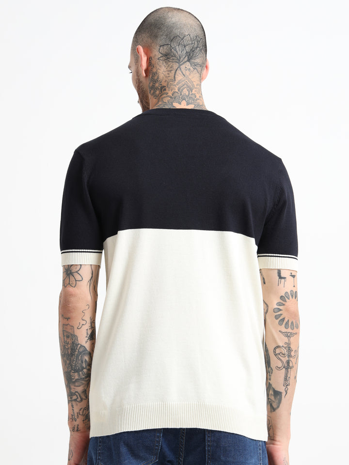 Two-Tone Knit T-Shirt with Ribbed Details - White & Blue