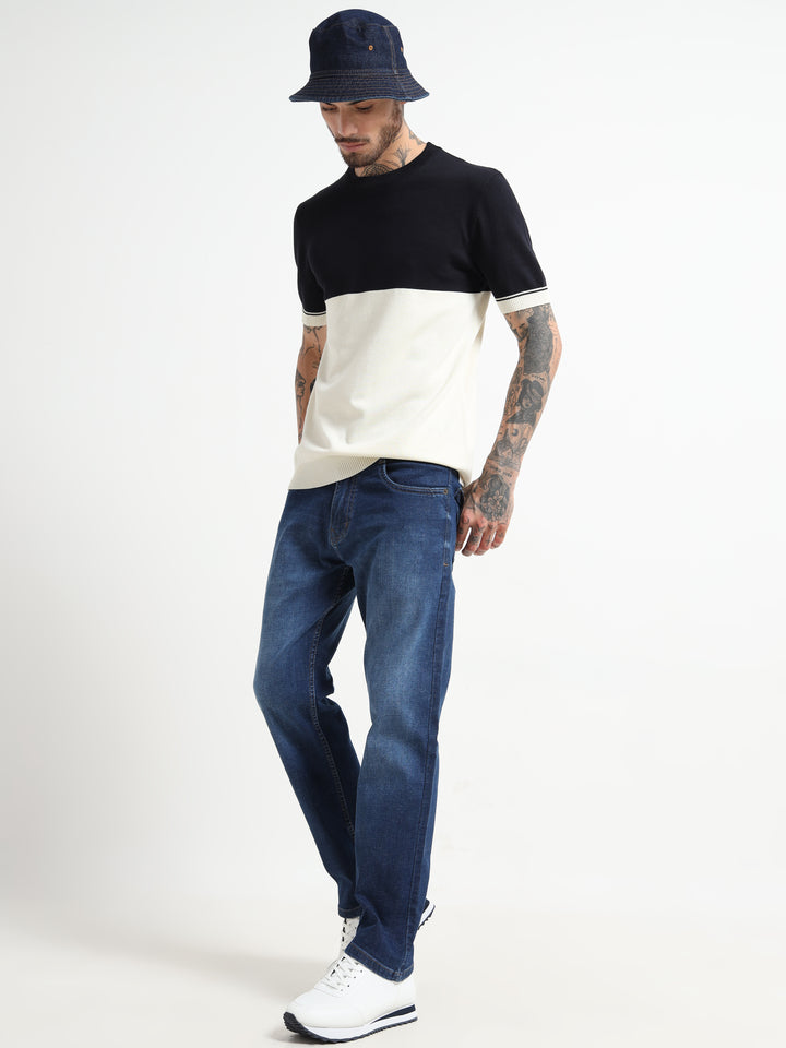 Two-Tone Knit T-Shirt with Ribbed Details - White & Blue
