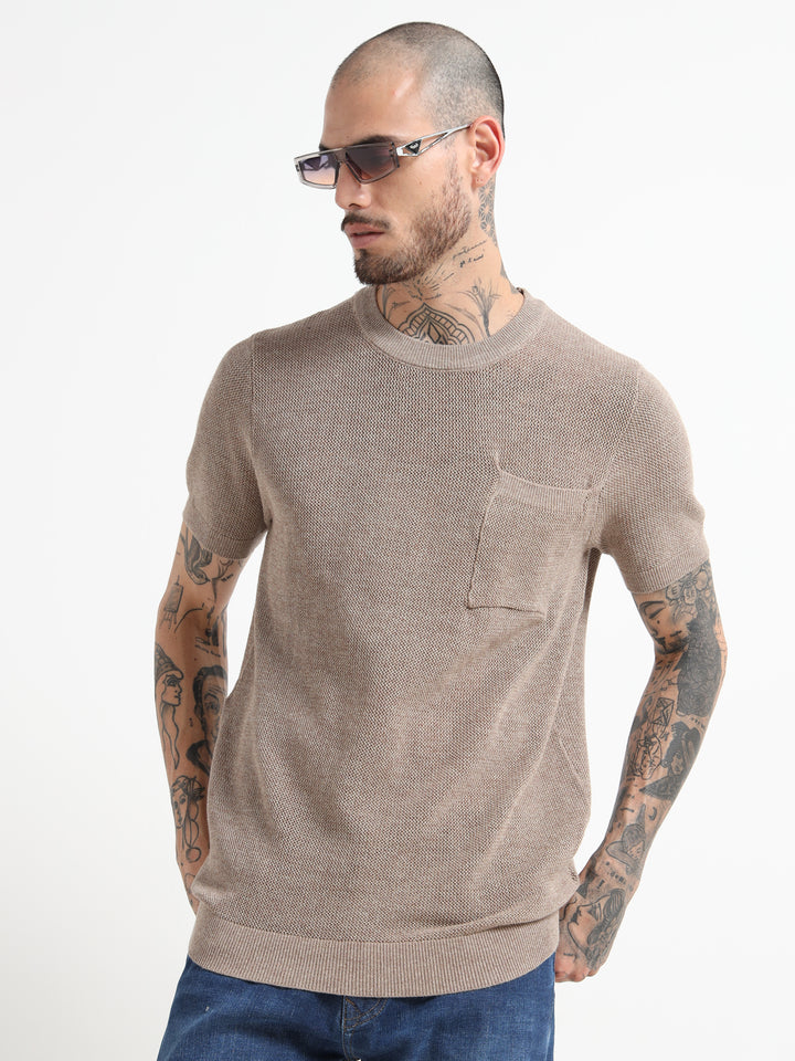 Men's Textured Knit Crew Neck T-Shirt - Camel