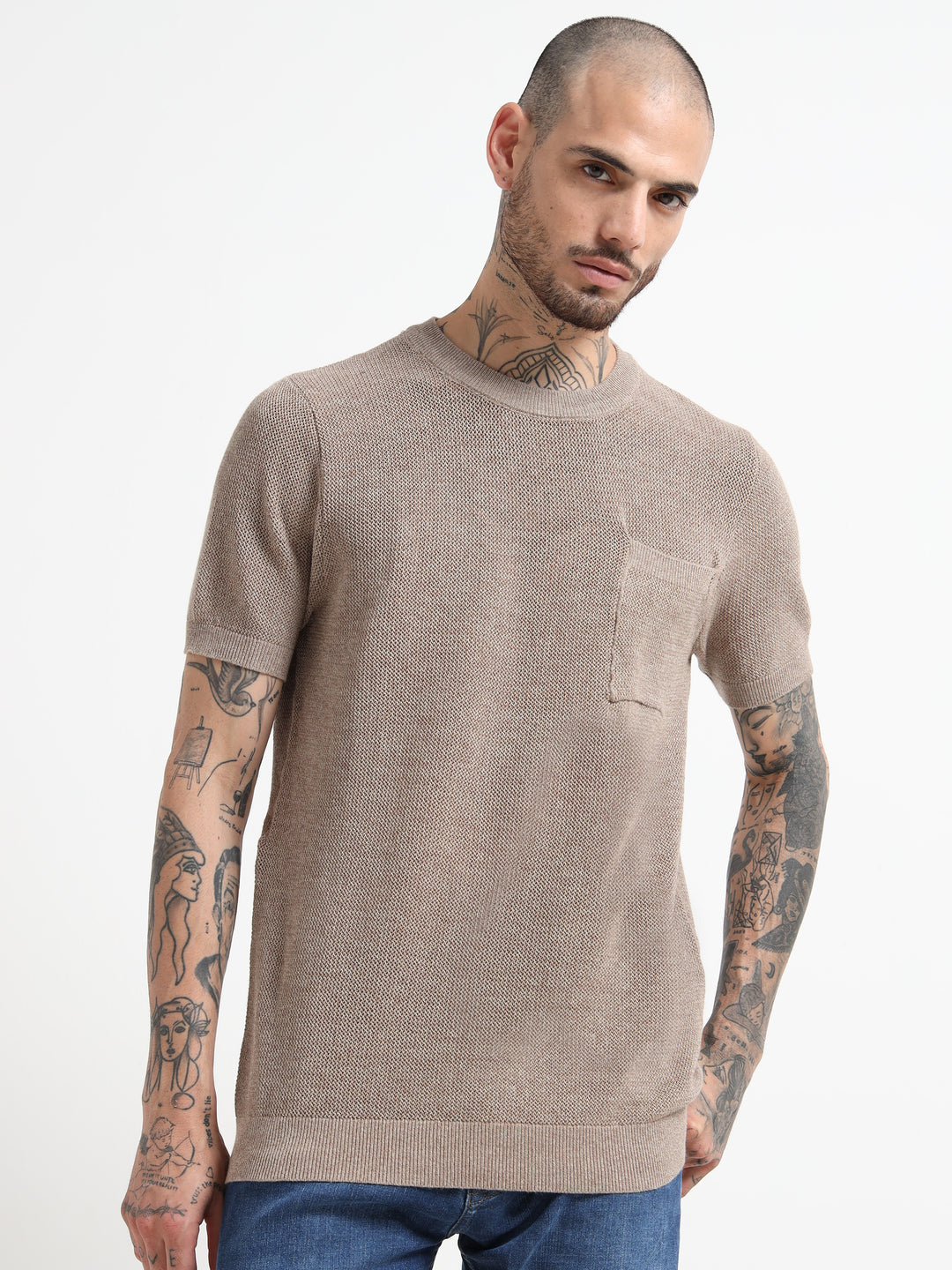Men's Textured Knit Crew Neck T-Shirt - Camel