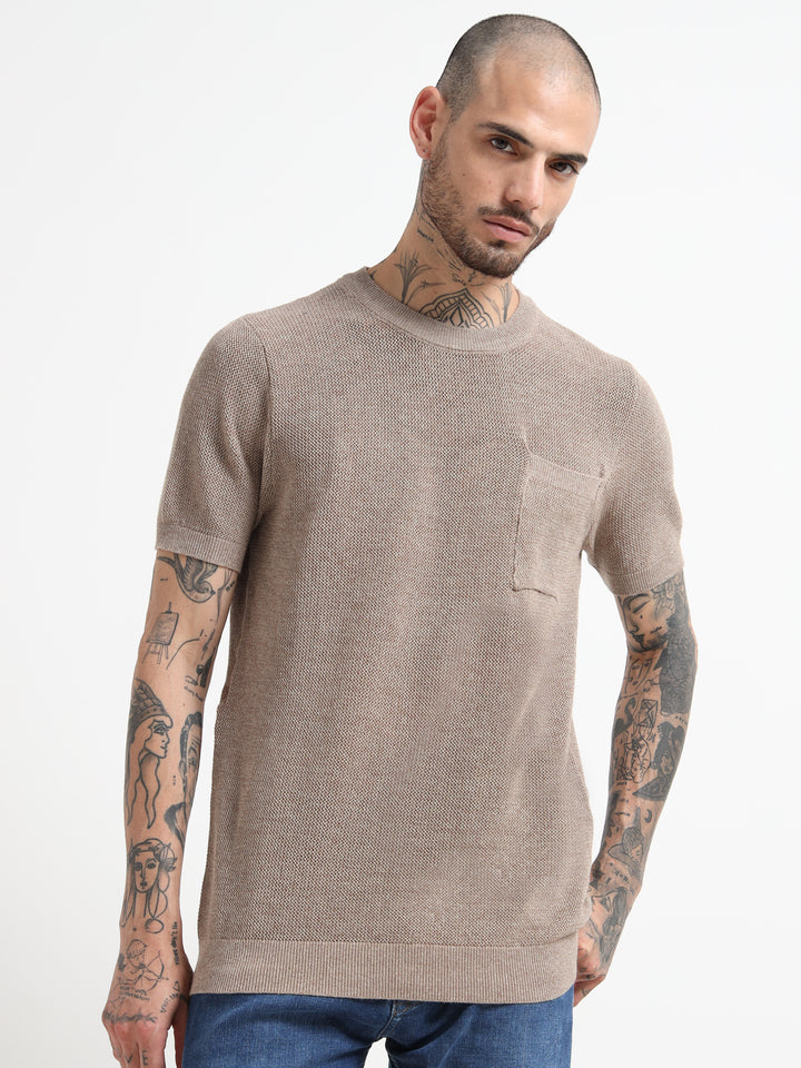 Men's Textured Knit Crew Neck T-Shirt - Camel