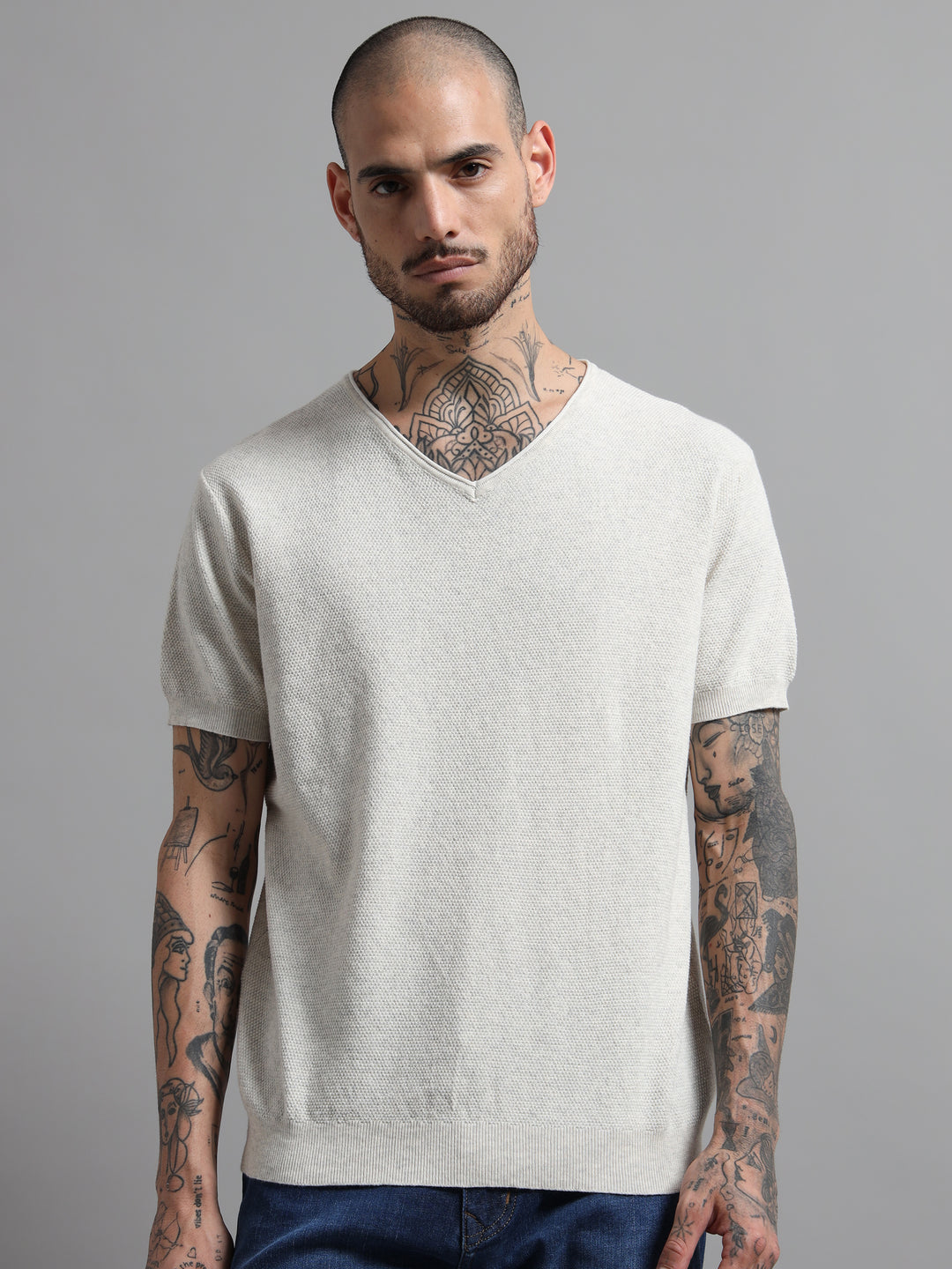 Men's Lightweight Knit V-Neck T-Shirt - Beige