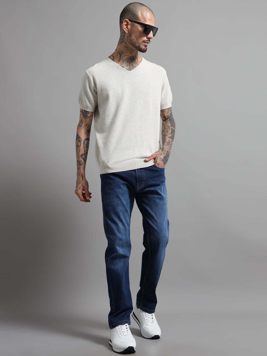 Men's Lightweight Knit V-Neck T-Shirt - Beige